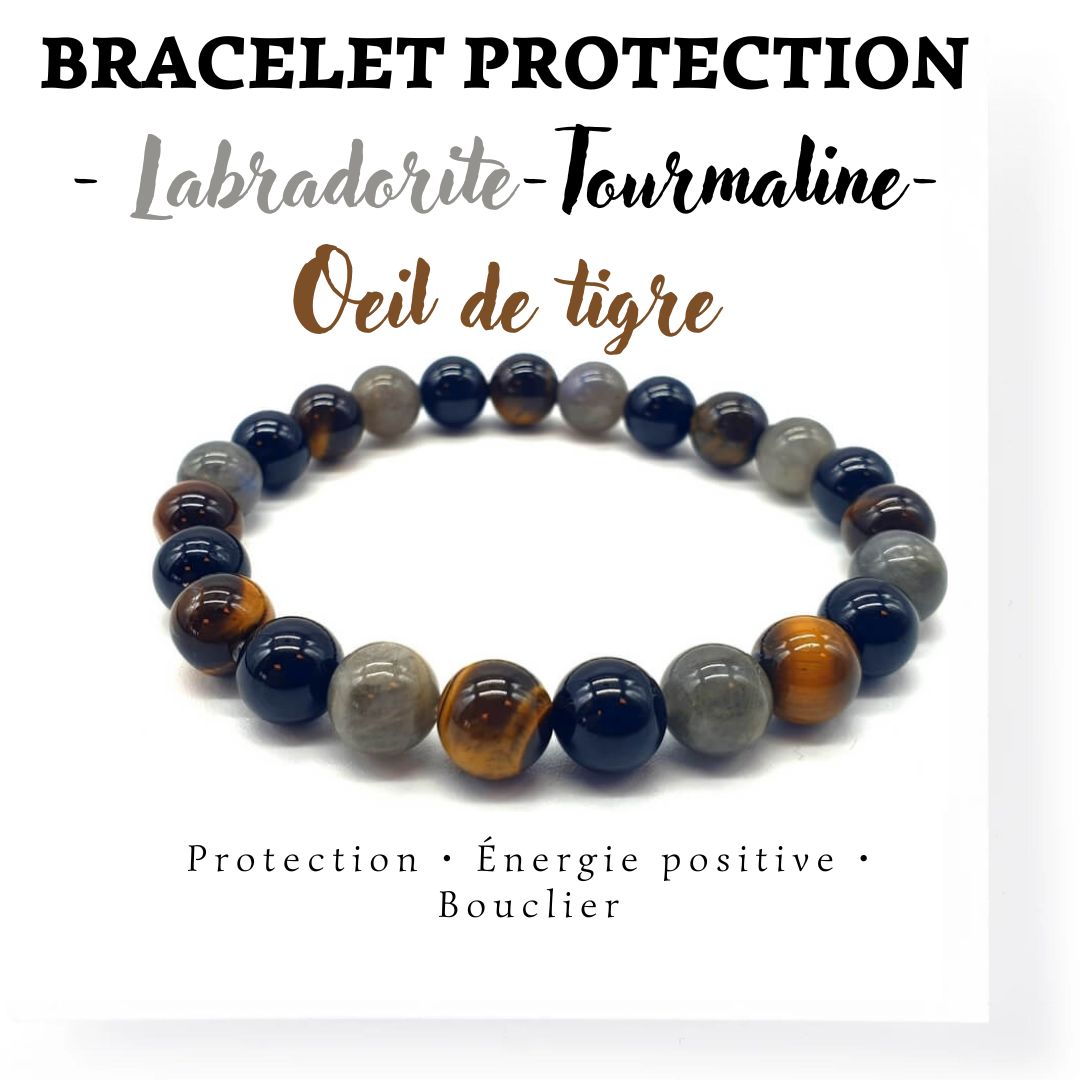Bracelet Labradorite, Tourmaline noire, Oeil de tigre 8 mm