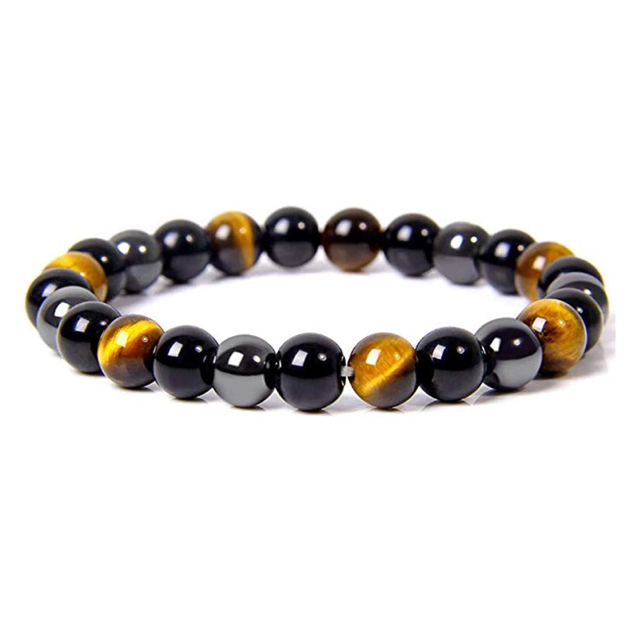 Bracelet intention "PROTECTION" Oeil de tigre, Hématite, Obsidienne noire 8mm